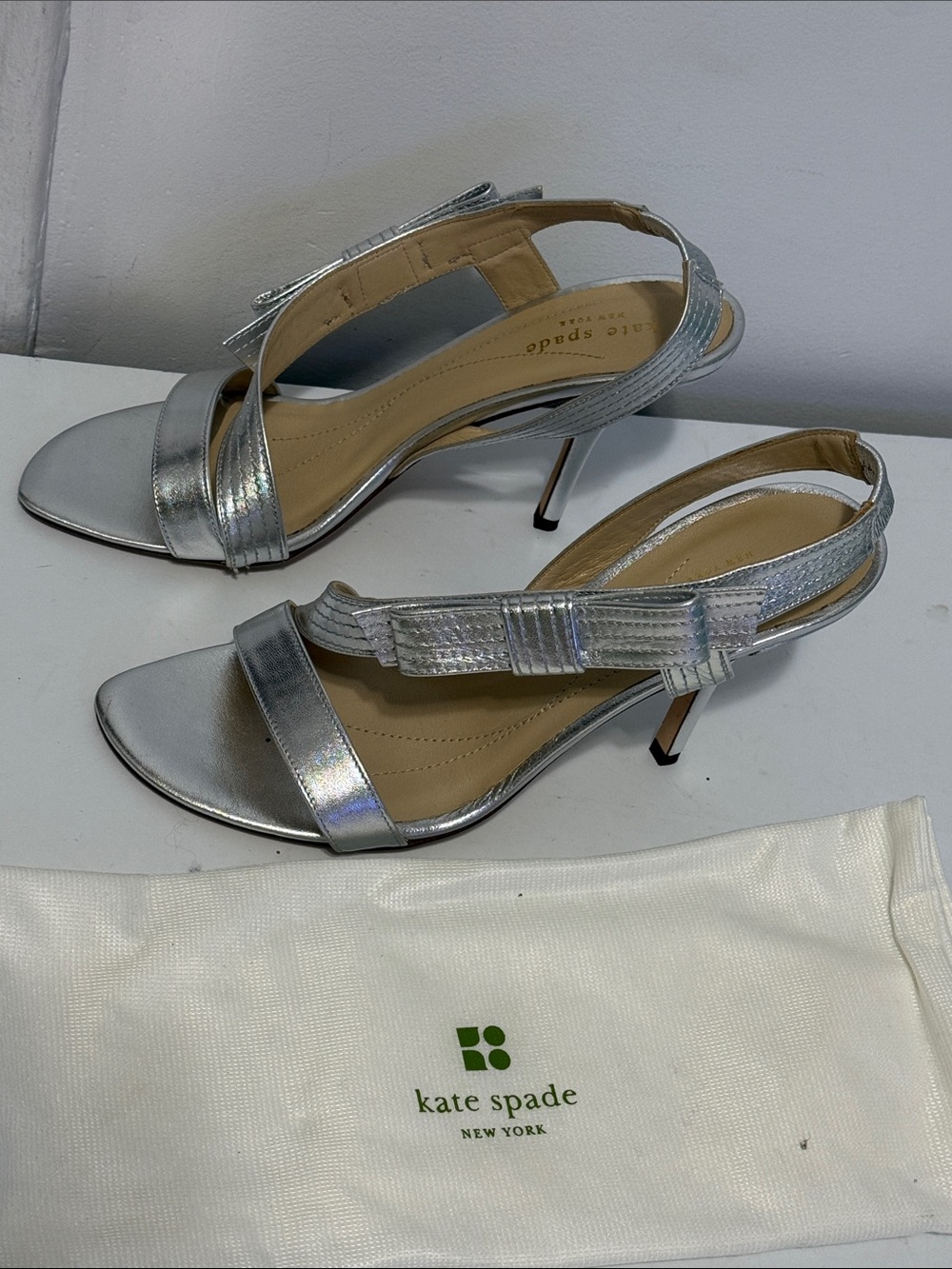 kate spade Silver Metallic Bow Slingback Heels